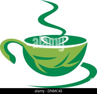 Imagery shows a steaming coffee cup made out of a green leaf with heart Stock Vector