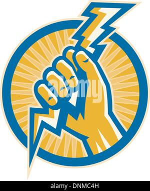 illustration or Imagery that shows a Hand hold a lightning bolt of electricity set inside a circle. Stock Vector