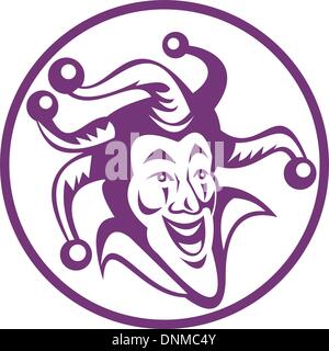 illustration of a jester enclosed in circle on white Stock Vector