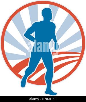 Imagery shows a silhouette of a runner with sunburst and road in the background set inside a circle. Two (2) colors used in this image. Stock Vector