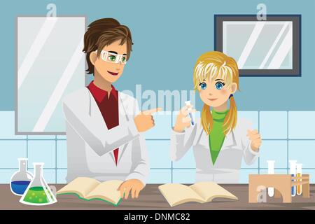 A vector illustration of students experimenting in chemistry lab Stock Vector