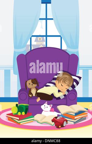 A vector illustration of a boy sleeping on the sofa after studying Stock Vector