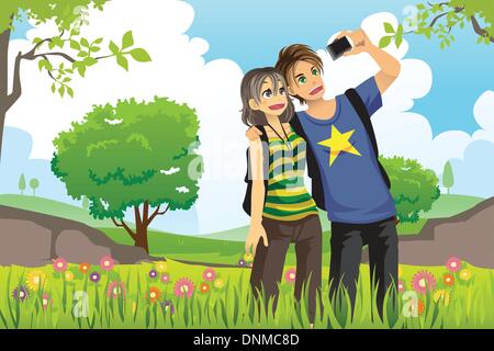 A vector illustration of a young tourist couple taking a picture of themselves Stock Vector