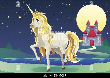 A vector illustration of a unicorn outside of a castle Stock Vector