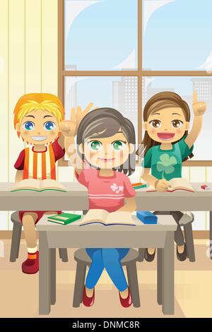 A vector illustration of kids in classroom asking questions Stock Vector
