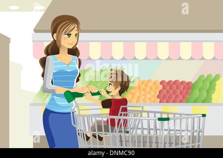 A vector illustration of a mother and her son going grocery shopping Stock Vector