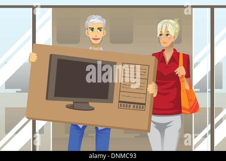 A vector illustration of a mature couple buying a big screen television Stock Vector