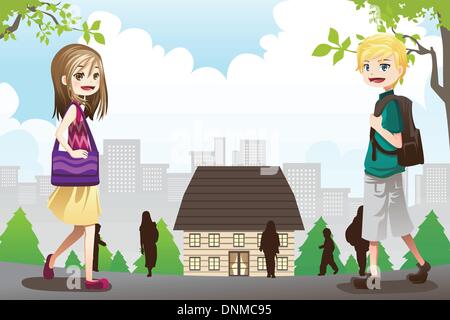 A vector illustration of kids going to school Stock Vector