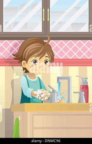 A vector illustration of a boy washing his hands Stock Vector