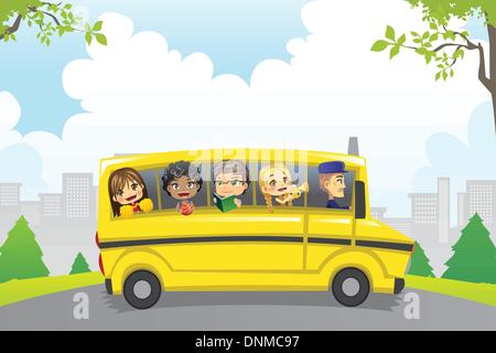 A vector illustration of kids riding in a school bus Stock Vector