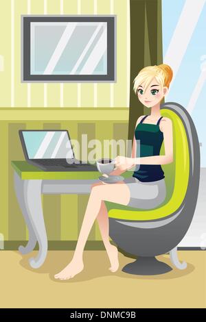 A vector illustration of a woman using a laptop and drinking a coffee at home Stock Vector