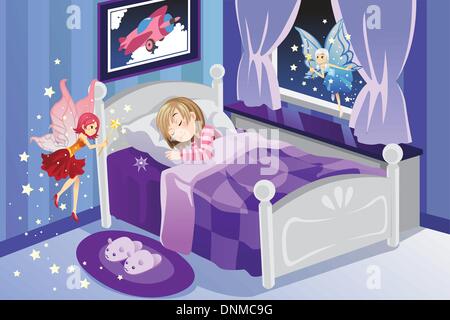 A vector illustration of a tooth fairy visiting a sleeping girl Stock Vector