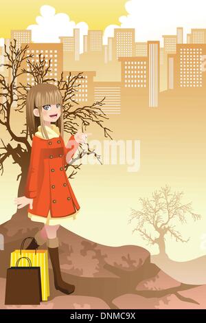 A vector illustration of a beautiful girl shopping in the city Stock Vector