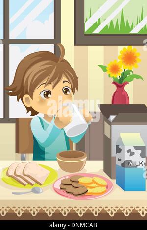 A vector illustration of a boy eating his breakfast at home Stock Vector