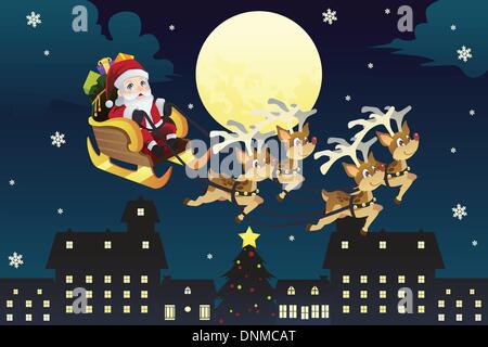 A vector illustration of Santa Claus riding the the sleigh pulled by reindeers in the middle of winter night Stock Vector