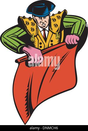 Illustration of a matador bullfighter with cape done in retro style. Stock Vector