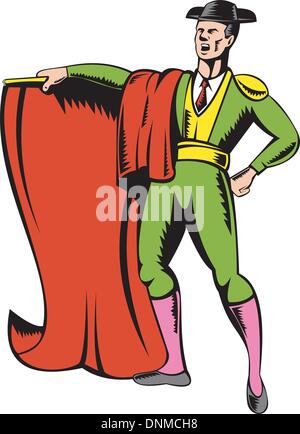 Illustration of a matador bullfighter with cape done in retro style. Stock Vector