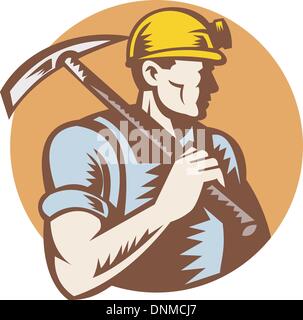 illustration of a Coal miner at work with pick ax done in retro woodcut style Stock Vector