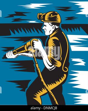 illustration of a miner with pneumatic drill at work done in retro woodcut style Stock Vector