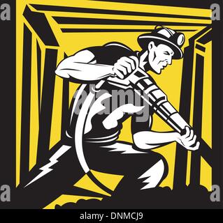 illustration of a miner with pneumatic drill at work done in retro woodcut style Stock Vector