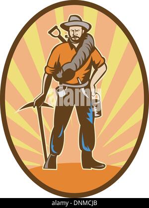 illustration of a Miner, prospector or gold digger with pick axe and shovel standing front Stock Vector