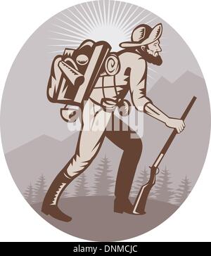 illustration of a Miner prospector hunter trapper hiking with sunburst in background Stock Vector