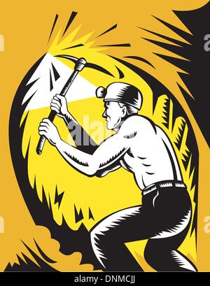 illustration of a Coal miner at work with pick ax done in woodcut style Stock Vector