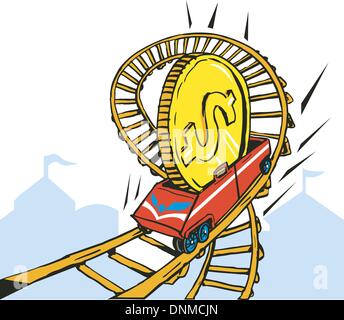 Illustration of coin dollar money on rollercoaster set on white background done in retro style. Stock Vector