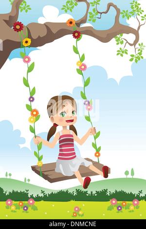 A vector illustration of a cute little girl swinging on a tree Stock Vector