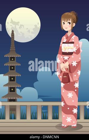 A vector illustration of a Japanese girl wearing a traditional kimono dress Stock Vector