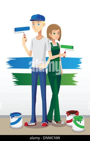 A vector illustration of a couple holding paint brush ready to paint Stock Vector