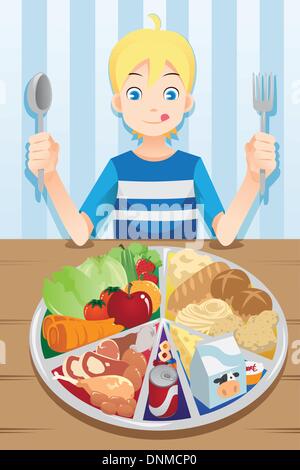 A vector illustration of a boy ready to eat a plate full of food Stock Vector