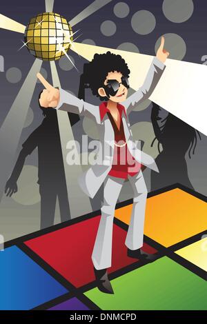 A vector illustration of a man dancing disco on the dance floor Stock Vector