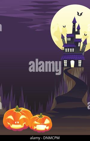 A vector illustration of Halloween background with pumpkins and spooky castle and flying bats Stock Vector