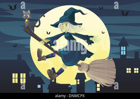 A vector illustration of a Halloween flying witch on a broomstick in the evening Stock Vector