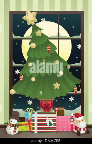 A vector illustration of a Christmas tree with Christmas presents under it Stock Vector