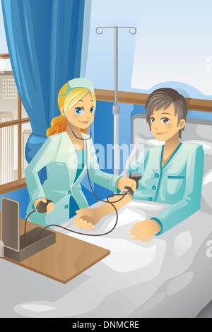 A vector illustration of a nurse checking the blood pressure of a patient Stock Vector