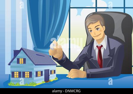 A vector illustration of a businesssman saving money into a house shaped piggy bank Stock Vector