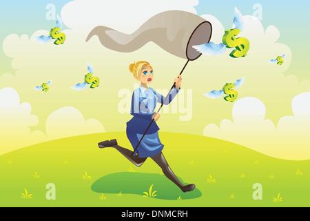 A vector illustration of a business finance concept, a businesswoman running and catching flying dollars Stock Vector