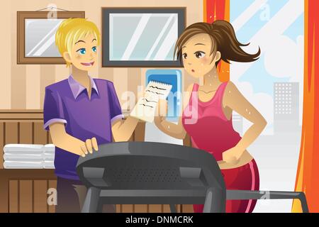 A vector illustration of a woman running on a treadmill with her personal trainer Stock Vector