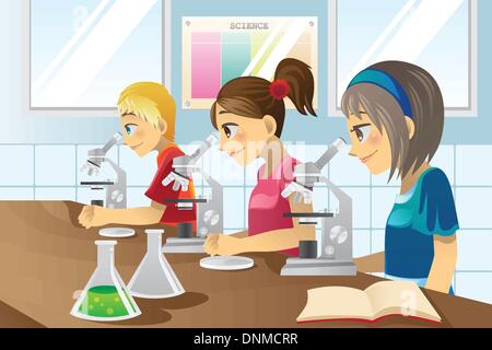 A vector illustration of kids studying in a science lab Stock Vector