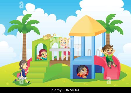 A vector illustration of a group of children playing in the playground Stock Vector