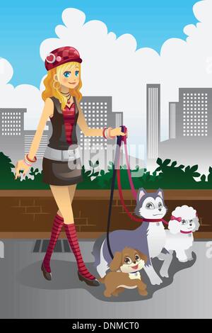 A vector illustration of a beautiful woman walking her dogs Stock Vector