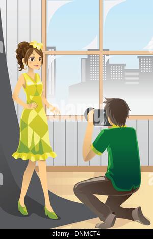 A vector illustration of a photographer taking pictures of a model in a studio Stock Vector