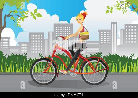 A vector illustration of a woman riding a bike in a park in the city Stock Vector