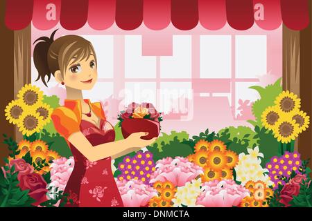 A vector illustration of a florist girl holding a pot of flowers in the flower shop Stock Vector