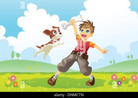 A vector illustration of a boy and his dog playing in the park Stock Vector