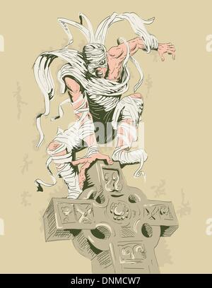 hand drawn illustration of a Mummy perched on top of cemetery cross Stock Vector