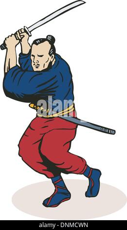 Illustration of ninja fighting attacking set on white background done in retro style. Stock Vector