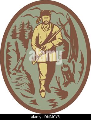 illustration of a pioneer hunter trapper with rifle Stock Vector